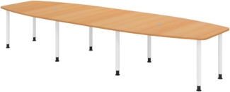 bümö Konferenztisch oval 400x130 cm großer Besprechungstisch in Buche, Besprechungstisch mit Gestell in weiß, Meetingtisch für 14 Personen, XXL-Tisch für Besprechungsraum & Meeting, KT40C-6-W