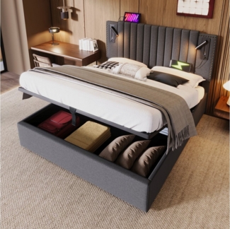HAUSS SPOLE Polsterbett 180x200 Leselicht mit USB Ladefunktion Kopfteil, Grau Ohne Matratze (Bett mit Lattenrost und Bettkasten, 1-tlg, ohne Matratze, 180x200 cm), mit verstellbares Kopfteil, Leselicht mit USB Ladefunktion