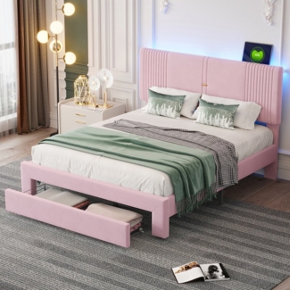 Ulife Polsterbett Doppelbett Jugendbett mit Lichtleiste und USB-Buchse (Ohne Matratze), Rückenlehne und großer Schublade,140x200 cm