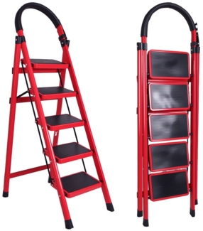 BlingBin Stehleiter 5 Stufen Trittleiter Klappleiter mit Anti-Rutsch und Breitem Pedal (Tragkraft: 100–150 kg, 1-St, Höhe zusammengeklappt: 134 cm, Höhe ausgeklappt: 124 cm), Robuste Stahlleiter mit Griff, Leichte und Tragbare Trittleiter, Rot