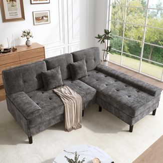 Merax 195cm Chenille-L-Form-Ecksofa, dreisitziges Wohnzimmer-Multifunktions-Chaiselongen-Sofa mit Schlaffunktion, bewegliche Fußbank, Grau