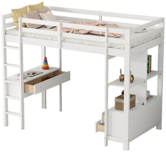 Ulife Etagenbett Kiefer Kinderhochbett mit Stauraumschubladen und Unterbettschreibtisch (1-St, Ohne Matratze), 90*200cm weiß