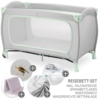 Hauck Baby-Reisebett Sleep N Play Go Plus XXL Set - Dusty Mint, Kinder Reisebett mit Matratze, Spannbettlaken & Insektenschutz faltbar