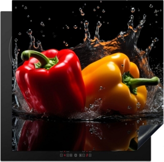 MuchoWow Herd-Abdeckplatte Paprika - Wasser - Schwarz - Gemüse - Rot - Gelb, Vinyl, (1 tlg), Küche Herdabdeckung Ceranfeld Induktionsfeld Vinyl, 60x60 cm