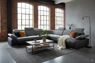 Goldstoff Ecksofa mit Schlaffunktion, Bettkasten & Kopfstützen - Modernes Sofa, XXL-Schlafsofa mit Bettkasten & Delfin‑Mechanismus – Stoff Majorka/Soft – Moderne Wohnlandschaft