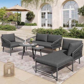 Merax Garten Lounge Set, Seil Gartenmöbel Set, Modernes Outdoor Sofa Set Handgewebtes Seil, Inklusive Aller Sitz- Und Rückenkissen, Balkonset, Garten Und Terrasse, Grau