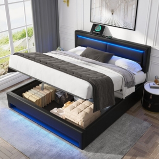 HAUSS SPOLE Polsterbett 140x200 cm, mit USB-Anschluss, LED-Beleuchtung und Stauraum, Schwarz (ohne Matratze), mit USB-Anschluss (kabelloses/kabelgebundenes), Verstellbares Kopfteil