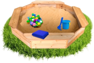 Coemo 8-eckiger Sandkasten Larry M Holz inkl. Bodenplane & Abdeckplane 135x135x20 cm