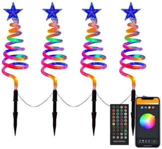 QUBEBU LED Gartenleuchte Außenleuchte 4er Set Spiral Stern Gartenstecker Weihnachtsdeko, 4 in 1 Weihnachtslicht mit Fernbedienung, Musik, APP-Steuerung, DIY-programmierbar, Musiksynchronisierung, Timer.