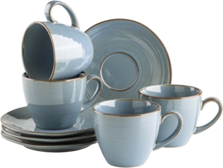 Vintage Kaffeetassen Set fr 4 Personen, Untertassen mit unregelmigen Rundungen im Retro Look; Blau / Grau