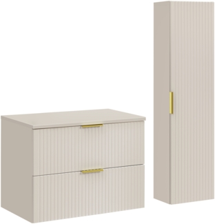 ADEL CASHMERE Badmöbel-Set 80 cm mit Waschtischplatte und Hochschrank (46x80cm), Kaschmir matt