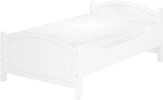 Seniorenbett Massivholz Kiefer weiß 120x220 breites Einzelbett Überlänge mit Rollrost und Matratze V-60. 40-12-220W