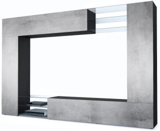 Vladon Wohnwand Mirage, Anbauwand mit Rückwand mit 2 Türen, 2 Klappen und 6 offenen Glasablagen, Schwarz matt/Beton Oxid-Optik (262 x 183 x 39 cm)