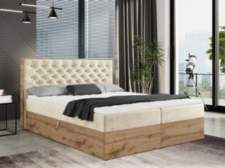 Boxspringbett mit Multipocket-Matratze und Zwei Bettkästen, Doppelbett mit Stauraum - ALBERO 3 - 120 x 200 cm - Beige Velours - H4