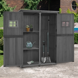 M MCombo Gartenschrank Holz, Gartenhaus Klein Wetterfest, Outdoor Gerätehaus Geräteschuppen, für Außenbereich Balkon Terrasse, 59×127×168 cm, 0912EY-F (Grau)