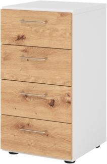 bümö smart Schubladenschrank, Büroschrank in Weiß/Asteiche mit 4 Schüben - Bürocontainer aus Holz, Container mit Metallgriffen & Soft-Stop Schubladen, 924S4-W-R-BS