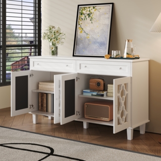 Sideboard mit Spiegeltüren 140 cm Weiß Kommode Anrichte mit Schubladen Kristallgriff modernes Design Aufbewahrungsschrank Wohnzimmer
