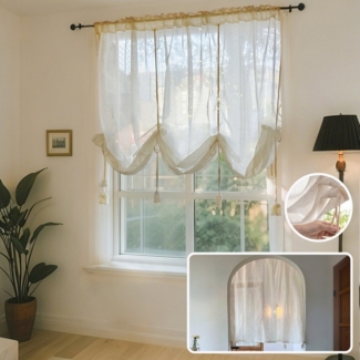 Jibenhome Raffrollo Vintage Raffgardine Stangentasche,Halbtransparent Leinen Sichtschutz, Beige Bindegardine für Tür & Fenster