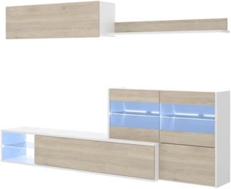 Dmora Agio Wandsystem, Modulares Eck-Wohnzimmerset, Multipositions-Wohnzimmermöbel mit LED-Licht, 260x41h180 cm, Eiche und Glänzendes Weiß