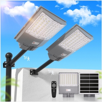 Rhein Beleuchtung LED Solarleuchte 1000W Solarlampen für Außen – Solar Strahler Außen mit Fernbedienung, Für Wand, Parkplatz, Garten Straße – inkl. Mast Montageset, LED fest integriert, Bewegungsmelder, Timer & 240° Lichtwinkel – 6500K kaltweiß, IP67