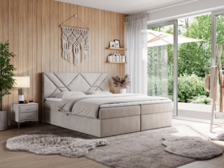Boxspringbett, Polsterbett mit Multipocket-Matratzen und Topper, dekorativem Kopfteil, zwei Bettkästen - NEOMI - 180 x 200 cm - Beige Stoff - H4