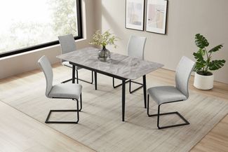 OTTO home Essgruppe Stevian, (Set, 5-tlg, Ausziehbarer Esstisch + 4 Stühle), Holz, Strukturstoffbezug, Freischwingerstühle, gesteppten Bänken