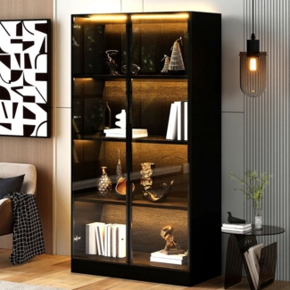 Merax Glasvitrine mit LED-Beleuchtung (Aufbewahrungsschrank Vitrine, 1-St, 70×40×160cm) Standvitrine mit 3 Fächern & 2 Glastüren,Buffetschrank in Eichenoptik
