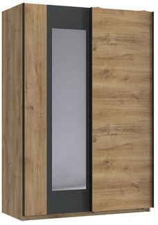 Jugendzimmer Texel in Plankeneiche und Grafit Kinderzimmer Komplett Set - in verschiedenen Varianten wählbar - 7 teilig , Schwebetürenschrank + 140er Jugendbett + Nachttisch + Kommode + Schreibtisch + Rollcontainer + Wandregal , 140 x 200 cm