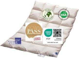 Vitaschlaf® Bio-Luxe-KBA TESTSIEGER W4 MEDIUM GANZJAHRESDECKE Organic 100% GÄNSE Daunendecke Deutsche Qualität Downpass (220 x 240 cm)