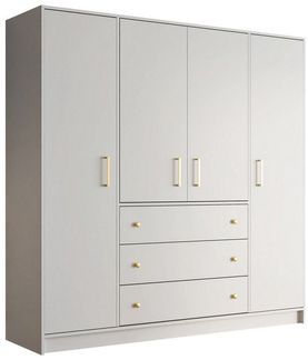 Beautysofa Drehtürenschrank RILO mit 4 Türen und goldfarbene Griffe (Kleiderstange, 8 Regalböden, 3 Schubladen, Farbe: Weiß oder Schwarz) Breite: 196 cm