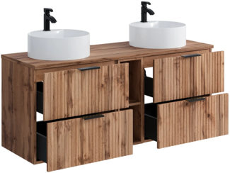 Vente-unique - Waschbeckenunterschrank hängend mit Ablagen & Doppelaufsatzwaschbecken rund - Streifenoptik - Holzfarben hell - 140 cm - ZEVARA