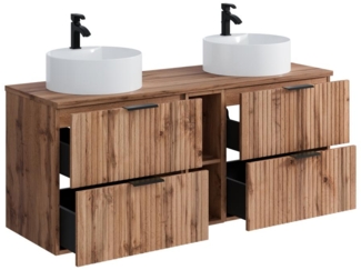 Vente-unique - Waschbeckenunterschrank hängend mit Ablagen & Doppelaufsatzwaschbecken rund - Streifenoptik - Holzfarben hell - 140 cm - ZEVARA