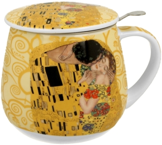 DUO ART GALLERY Becher 430 ml mit Teesieb THE KISS ECRU inspired by Gustav Klimt New Bone China Porzellan