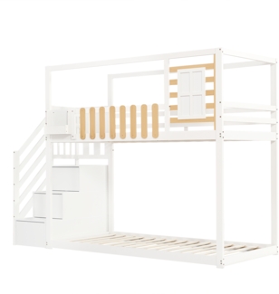 Merax Etagenbett mit Treppe, Fenster und Regalkasten, Kiefernholz weiß, 90x200 cm