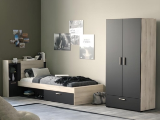 Vente-unique - Bett mit Stauraum + Lattenrost - 90 x 190/200 cm - Schwarz & Holzfarben - MARTELO