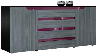 Sideboard Kommode Sylt V2, Korpus in Schwarz matt / Front in Avola-Anthrazit mit Absetzungen in Brombeer Hochglanz (166 x 72 x 35)