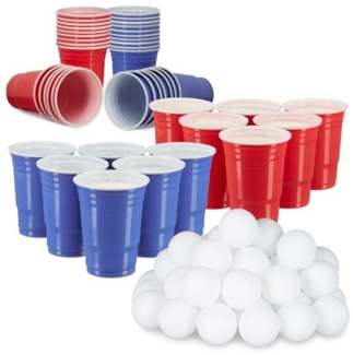 Relaxdays Bier Pong Set, 100 Becher und 48 Bälle, Kunststoff rot / blau, 473 ml