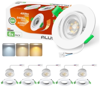 ALUSSO LED Einbauleuchte 6er-Set, ED-Einbau-Spot, 6W, 3CCT, schwenkbar, Ø76/25mm, 3000K/4000K/6500K, 540lm, weiß