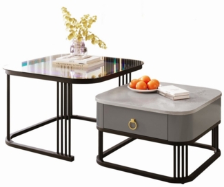 Refined Living Couchtisch Stapelbarer Couchtisch Wohnzimmertisch zweiteiliges Set (2er-Set. Stapelbarer Satztisch, 2-St, hochglänzende Marmoroptik, Glasplatte, Metallrahmen), Beistelltisch mit Schubladen, 60*60*45+50*50*34 cm