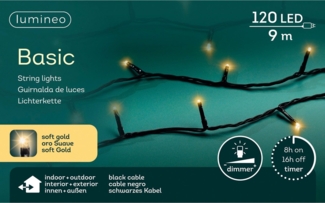 Lumineo LED-Lichterkette Lumineo Lichterkette BASIC120 LED 9 m Soft Gold, schwarzes Kabel, Indoor/Outdoor, dimmbar, 8h-Timer, 5 m Zuleitung
