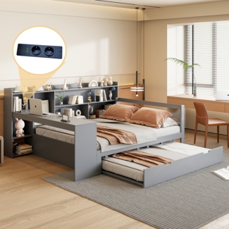 Merax Daybett Schlafsofa Aus Massivholz, 140*200 cm, Mit Schreibtisch Bücherregalen Ablagefächern und Regalen, Mit Steckdosen, Ausziehbarem Bett Unter Dem Bett, Multifunktionales Doppelholzbett, Grau