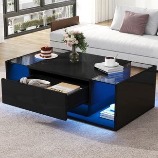 Quadratischer Couchtisch 100 x 50 x 31 cm, Hochglanz schwarz, gehärtetes Glas, 1 Schublade, halboffener Stauraum,mit LED-Lichtleiste