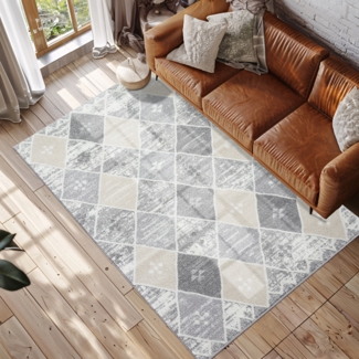 Teppich Läufer Kurzflor Grau 80x150cm Flur Wohnzimmer Bordüre, Raute-Muster mit Hoch-Tief-Effekt, 3D Effekt, Weich