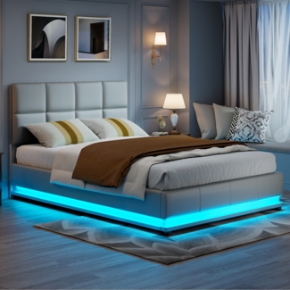 Polsterbett 140x200 cm mit LED Beleuchtung & Hydraulisch anhebbarer Bettstauraum,Doppelbett Bettkasten & Lattenrost Bezug aus Kunstleder Erwachsenen Jugendbett (Grau)