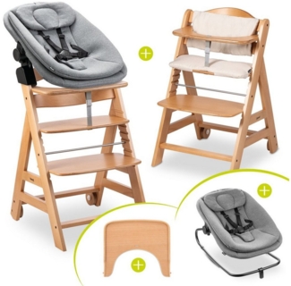 Hauck Hochstuhl Beta Plus Natural - Newborn Set 3in1 Bouncer (Set), Holz Babystuhl ab Geburt mit Neugeborenensufsatz, Sitzkissen, Essbrett