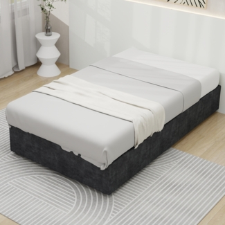 Bettgestell 90×200cm Stoff/Metallgestell mit Mehrfachstützsystem, modernes minimalistisches Grau ohne Kopfteil