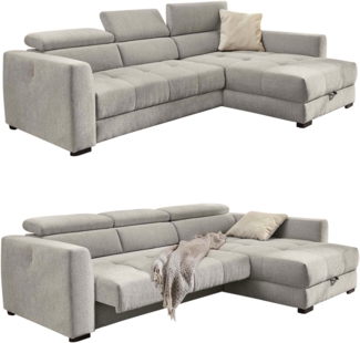 ECKSOFA mit elektrischer Sitztiefenverstellung, Kopflehnen verstellbar, USB-Ladefunktion, Bettkasten 300/196/103 cm, Chenille Grau