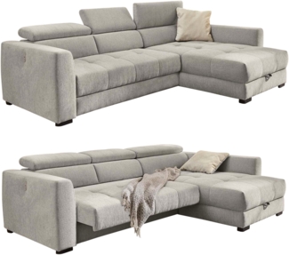 ECKSOFA mit elektrischer Sitztiefenverstellung, Kopflehnen verstellbar, USB-Ladefunktion, Bettkasten B300/T196/H103 cm, Chenille Grau