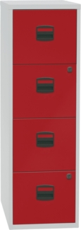 Bisley Home Hängeregistraturschrank mit Schloss aus Stahlblech, 4 Schubladen, einbahnig - Hängeregisterschrank abschließbar, Hängeregistratur für Hängemappen & Hängeordner - Farbe: grau/rot, PFA4F-506