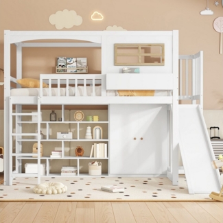 Merax Hochbett (1-St, Kiefer Kinderbett Kinderhaus mit Fallschutzgitter & Fenster) Etagenbett 90x200cm mit Kleiderschrank Ablagefächer Rutsche Leiter